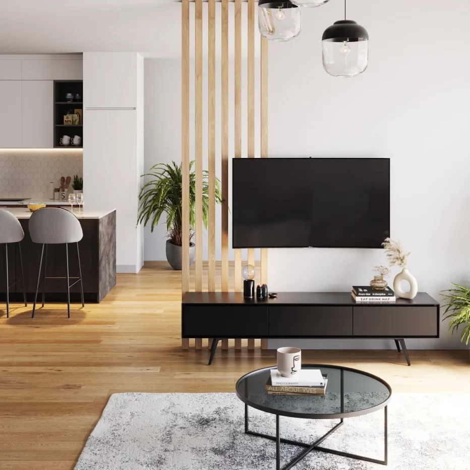 Meuble TV tendance et moderne placage 180cm piètement métal peinture noir carbone Abysse dans un salon moderne