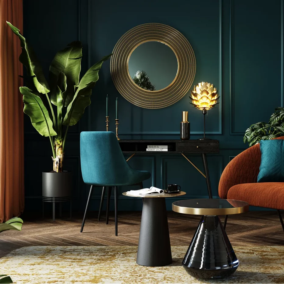 Chaise en velours tendance et moderne bleu pieds métal Bari de la marque Zago dans un salon