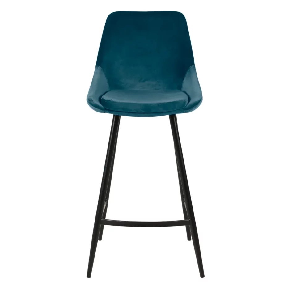 Chaise de bar design velours bleu canard avec piètement noir métal