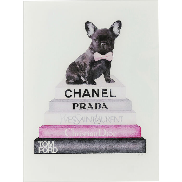 Magnifique tableau fashion Fashion Dog représentant un bébé bulldog sur des livres de mode de la marque Kare Design