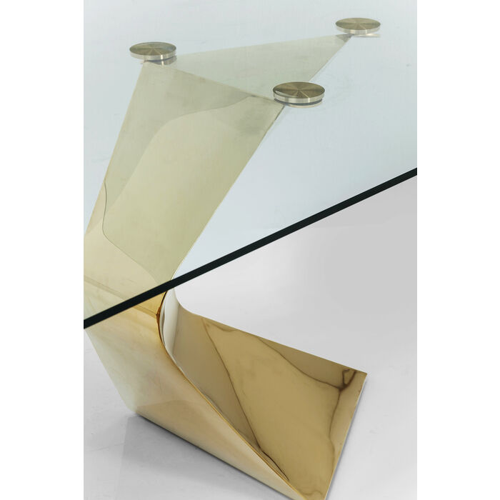 Zoom sur le plateau en verre de la magnifique table rectangulaire en verre couleur gold Gloria de la marque Kare Design