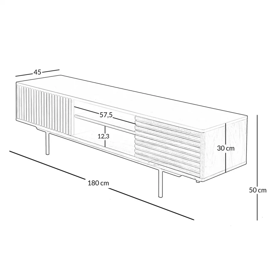 Dimensions de du meuble TV moderne placage noyer 180cm piètement métal noir de la marque Zago