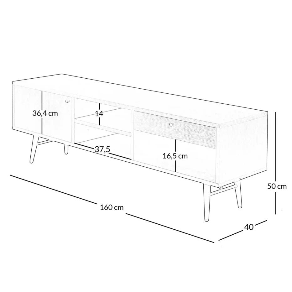 Dimensions du meuble TV tendance et moderne 160 cm plaqué chêne noir et pieds métal Verona