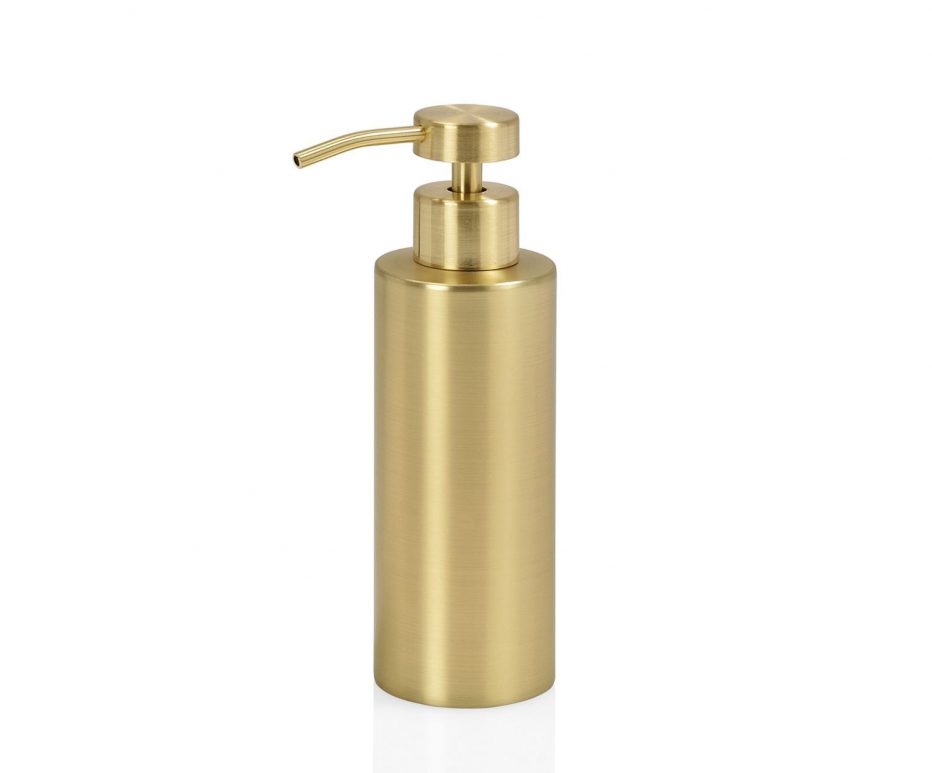 Sublime distributeur de savon en acier inoxydable et laiton doré de la marque Andrea vendu par Noosa Home