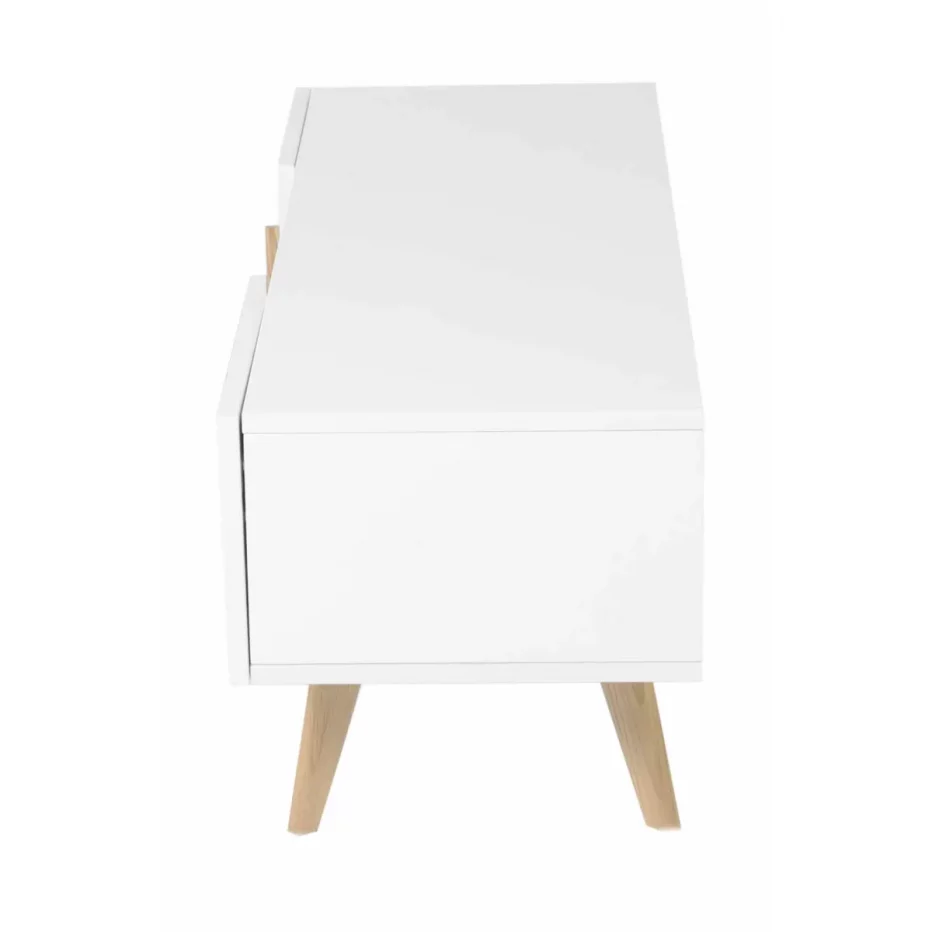 Magnifique meuble TV blanc laqué avec piètement en chêne possédant 2 portes et 1 niche au style scandinave Flam de la marque Zago