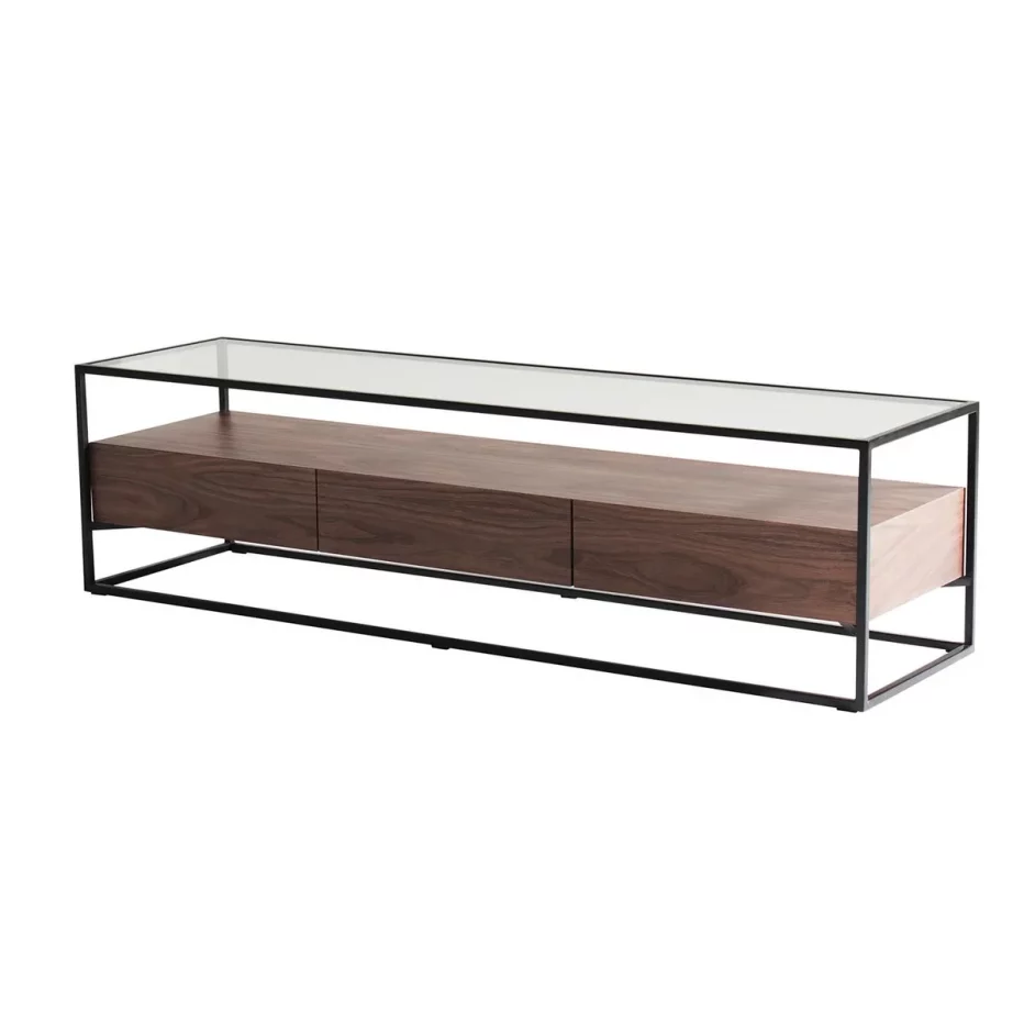 Sublime meuble TV au look chic minimaliste en métal et en verre possédant 3 tiroirs de la marque Zago