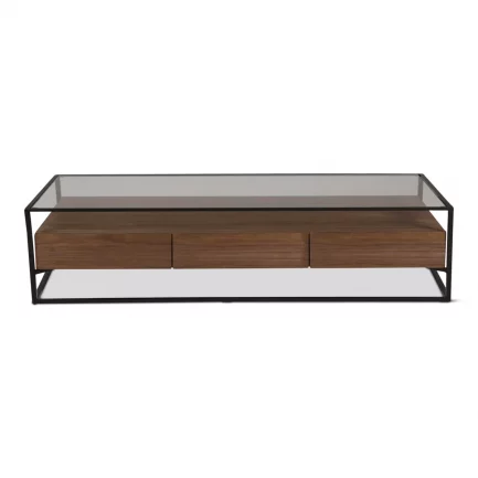 Sublime meuble TV au look chic minimaliste en métal et en verre possédant 3 tiroirs de la marque Zago